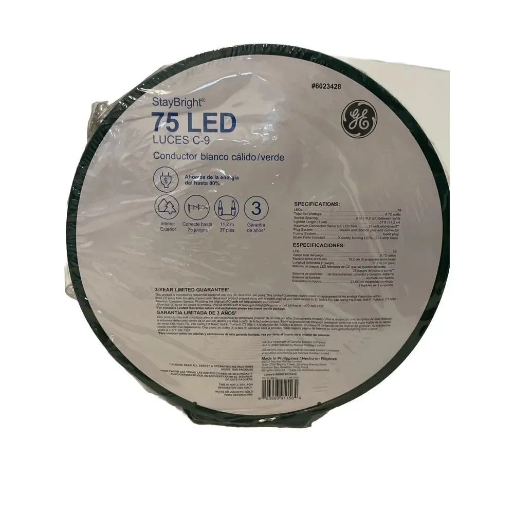 GE StayBright 75 Count 37 Feet Warm White C9 LED Christmas Lights Green Wire NEW